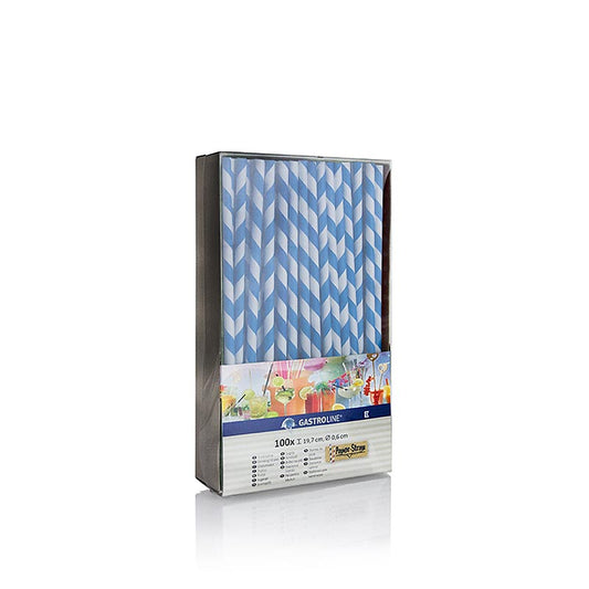 Striped blue and white disposable paper straws, 197cm long, 100 pieces