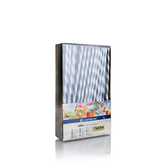 Pack of 100 silver and white striped disposable paper straws, 197cm in length