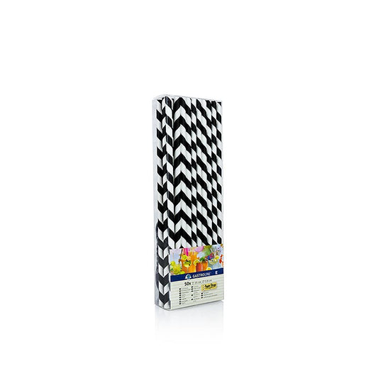 A pack of 50 long black and white striped paper disposable straws, 25cm in length