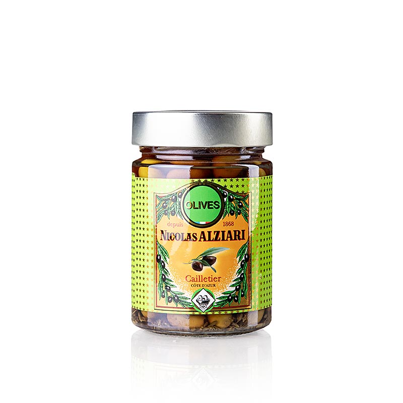 Olijvenmix, groene & zwarte Cailletier, met pit, gemarineerd, Alziari, 220 g