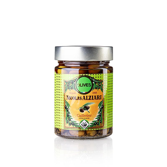 Olijvenmix, groene & zwarte Cailletier, met pit, gemarineerd, Alziari, 220 g