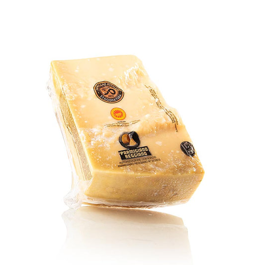 Premium Parmigiano Reggiano DOP (BOB) cheese, first quality, aged for a minimum of 30 months, approximately 1,000 grams, famous Italian cheese