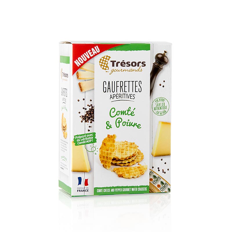 Barsnack Trésors - Gaufrettes, Franse miniwafeltjes met Comté-kaas en peper, 60 g