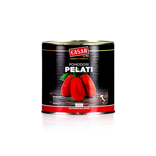 Alt text: Large 25 kg can of whole peeled tomatoes from Sardinia, Italy