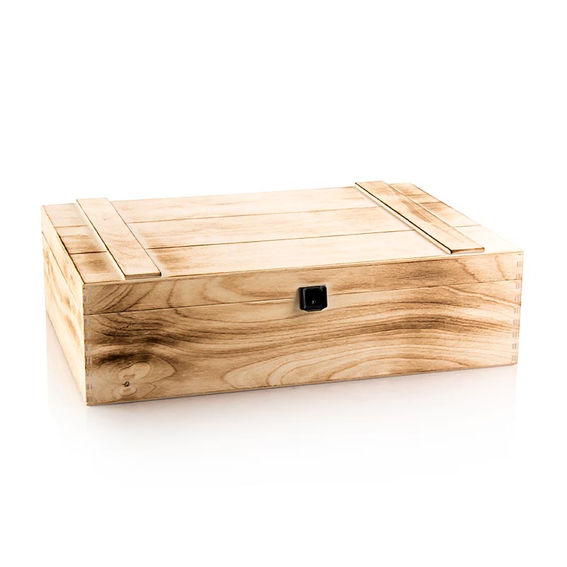 Wijn geschenkdoos gevlamd houten kistje, 3-delige geschenkdoos, 370x258x98mm, 1 stuk cadeauverpakking met 3-delige geschenkdoos van 370x258x98mm, gemaakt van gevlamd houten kistje