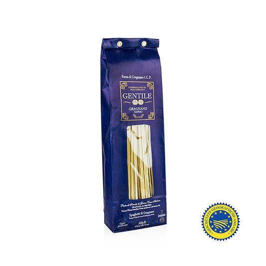 500g package of Pastificio Gentile Gragnano IGP Spaghetti, 19mm diameter, bronze-drawn