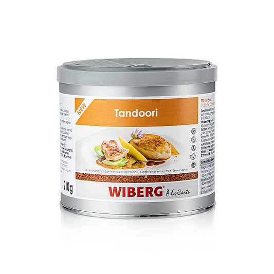 Foto van de verpakking van Wiberg Tandoori, een 210 g Indiase kruidenmix