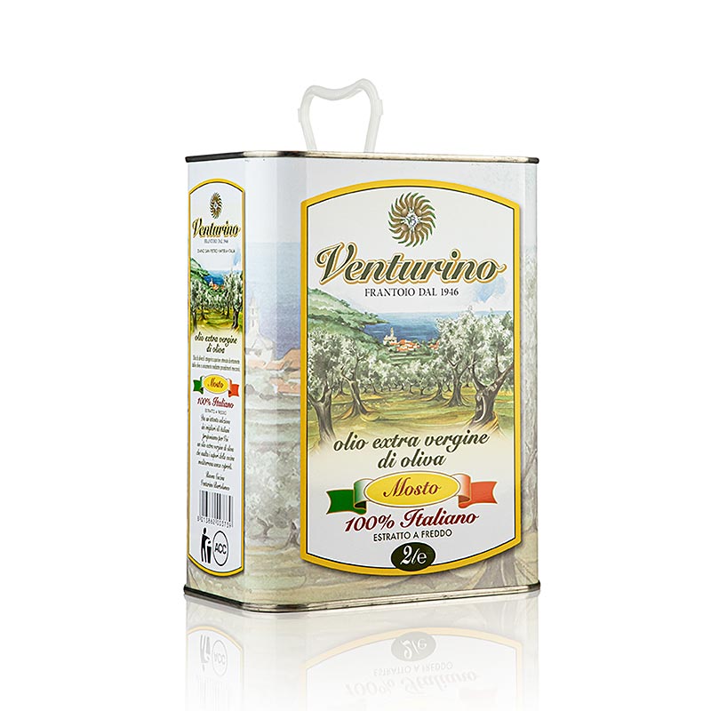 Extra virgin olive oil from first pressing, Venturino Mosto, made from 100% Italian olives, in a 2 liter bottle