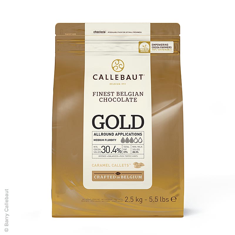 Golden chocolate with caramel flavor Callets, 304% cocoa, 25 kg, perfect for baking and confectionery
