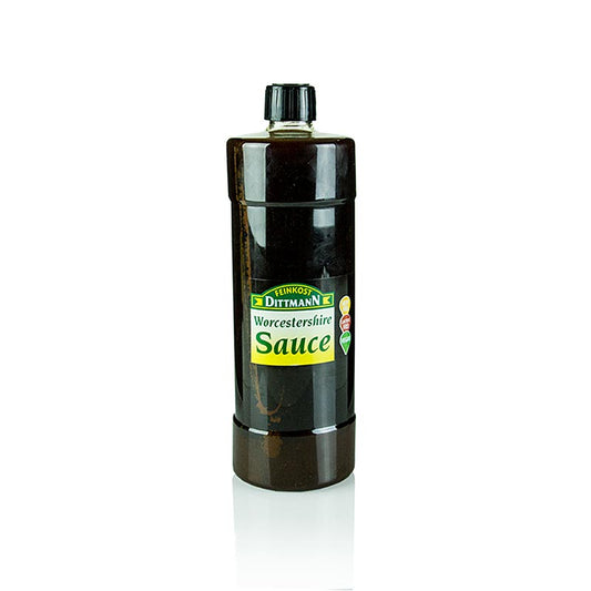 Worcestershiresaus van Feinkost Dittmann in een fles van 1 liter, ideaal voor het op smaak brengen van diverse gerechten