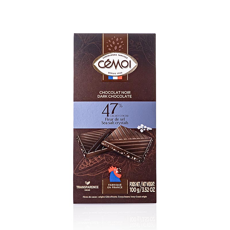 Chocoladereep puur 47% cacao, met fleur de sel, 100 g, Cémoi, 100 g