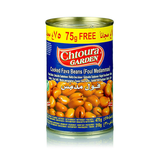 Foul Medammas - Fava bonen, gekookt, Chtoura Garden, 475 g - Een blik van 475 gram gevuld met gekookte Foul Medammas fava bonen van het merk Chtoura Garden