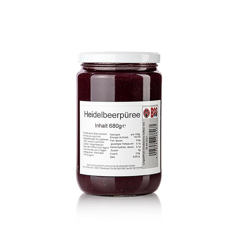 A 680g container of finely sieved blueberry puree, perfect for culinary use
