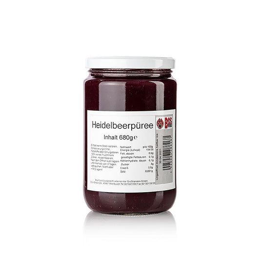 A 680g container of finely sieved blueberry puree, perfect for culinary use