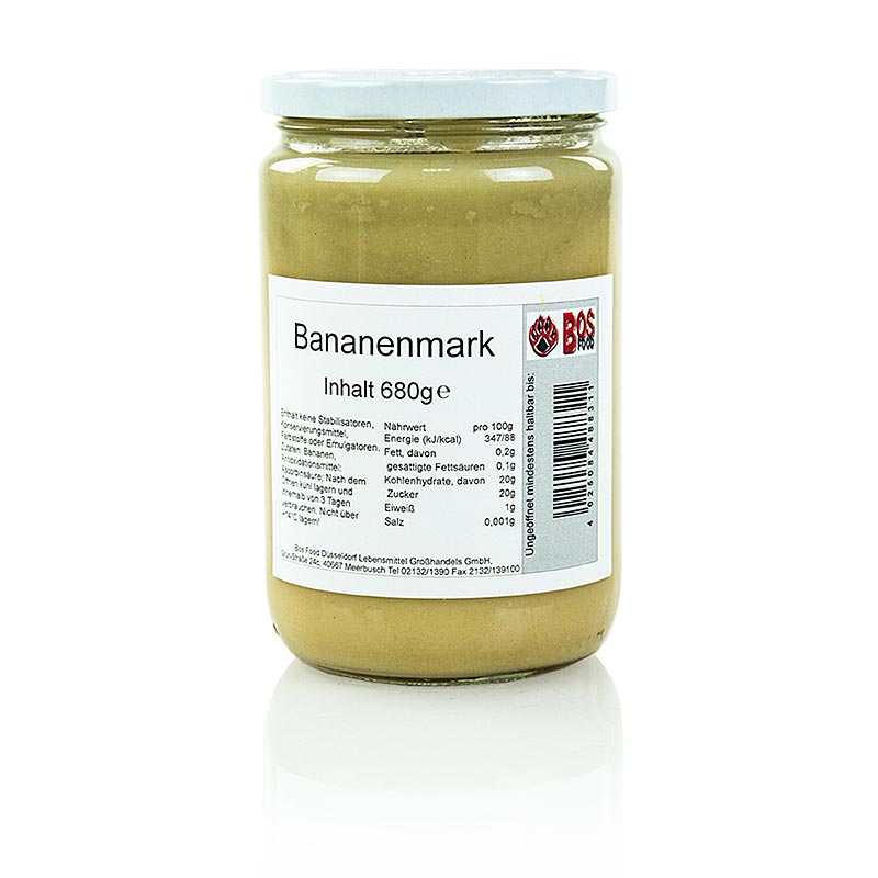 A close-up image of a 680g container of finely sieved, mashed banana puree