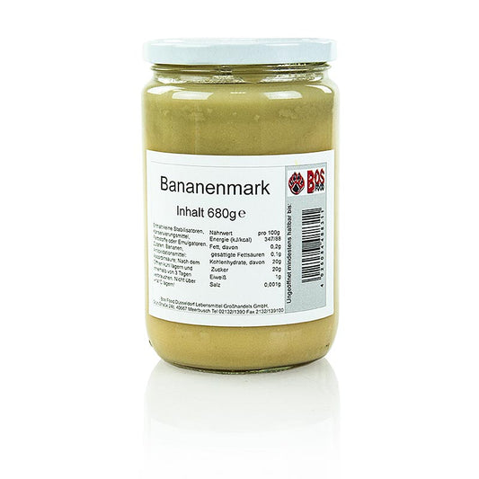 A close-up image of a 680g container of finely sieved, mashed banana puree