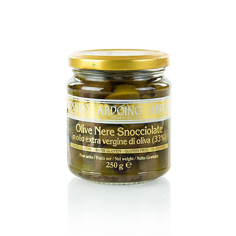 Zwarte olijven, zonder pit (Snocciolate), in olijfolie, Ardoino, 250 g
