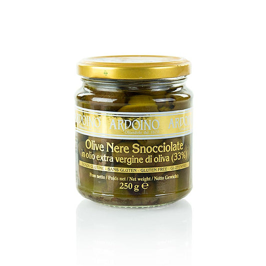 Zwarte olijven, zonder pit (Snocciolate), in olijfolie, Ardoino, 250 g