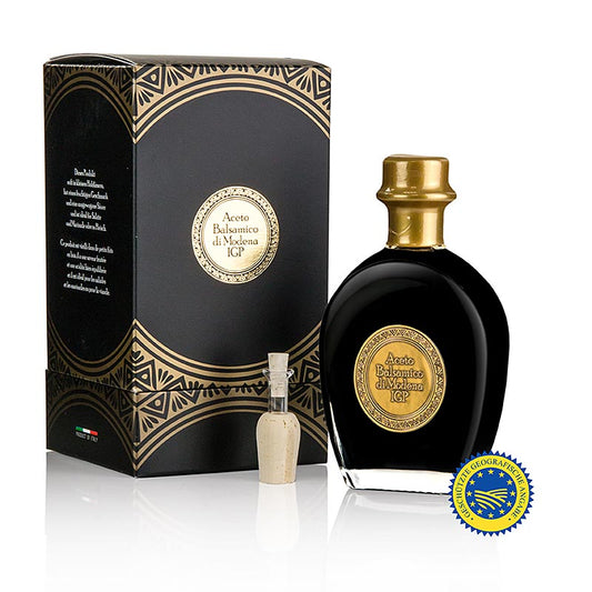 Fondo Montebello - Aceto Balsamico di Modena BGA van het jeneverbesvat, zwarte doos, 250 ml - Een fles van 250 ml Aceto Balsamico di Modena BGA, gerijpt in een jeneverbesvat, verpakt in een zwarte doos