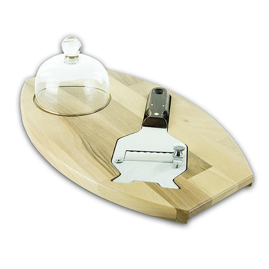 Cadeauset met truffelschaaf, cloche, glazen deksel op houten plank, incl. truffelschaaf, 3-delig.