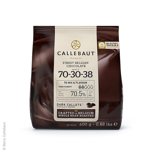 400g of Zwarte chocolade Callets with 705% cacao, ideal for baking and cooking