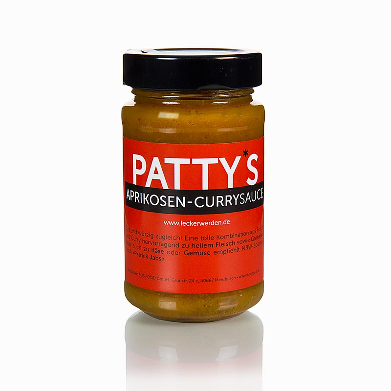 225 ml fles Patty's abrikozen kerriesaus, een heerlijke saus gemaakt door Patrick Jabs