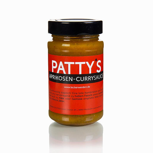 225 ml fles Patty's abrikozen kerriesaus, een heerlijke saus gemaakt door Patrick Jabs