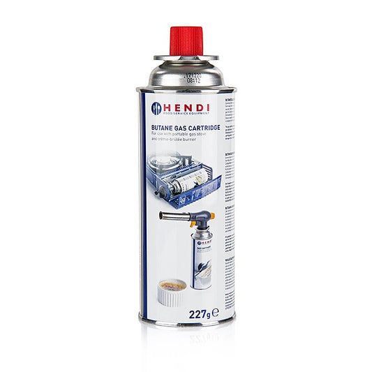 High-quality 227g butane gas cartridge for use with gas stoves and burners by Hendi