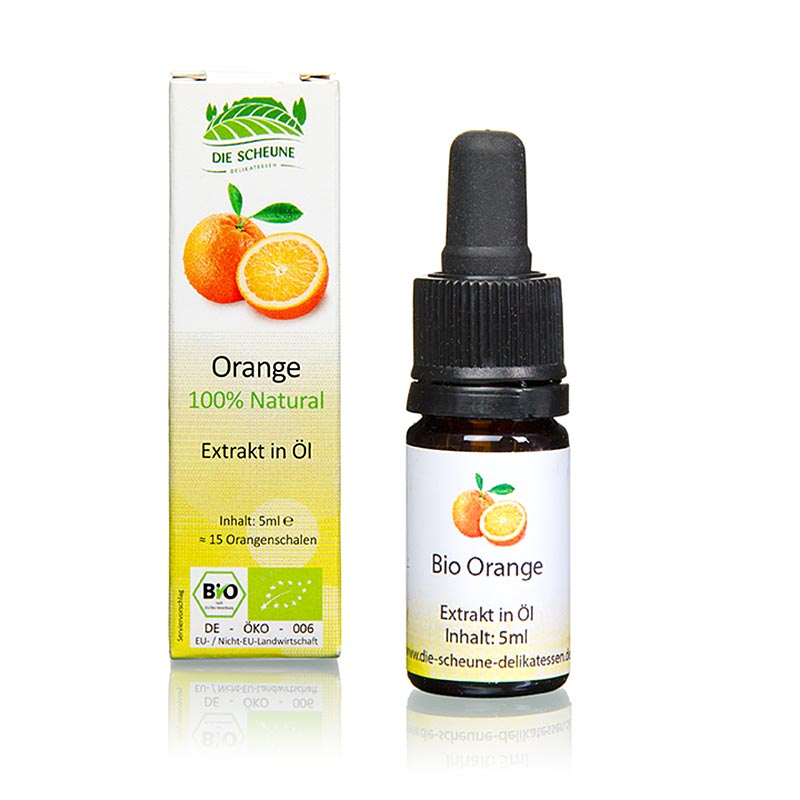 Alt text: Organic 5 ml bottle of De Schuur natural orange flavor, with vibrant label showcasing the product's natural and refreshing qualities