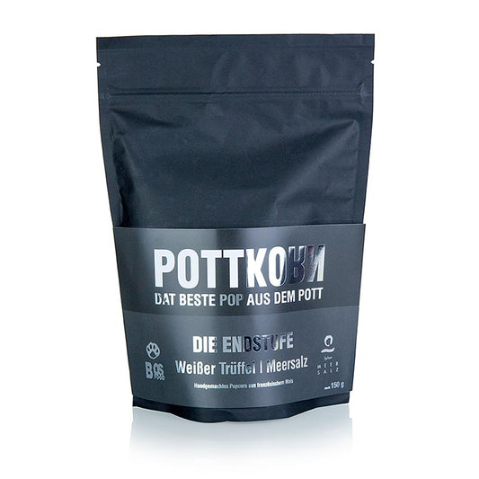 Pottkorn - laatste fase, popcorn met witte truffel & zeezout, 150 g Heerlijk knapperige popcorn met een verrukkelijke smaak van witte truffel en zeezout, verpakt in een zak van 150 gram