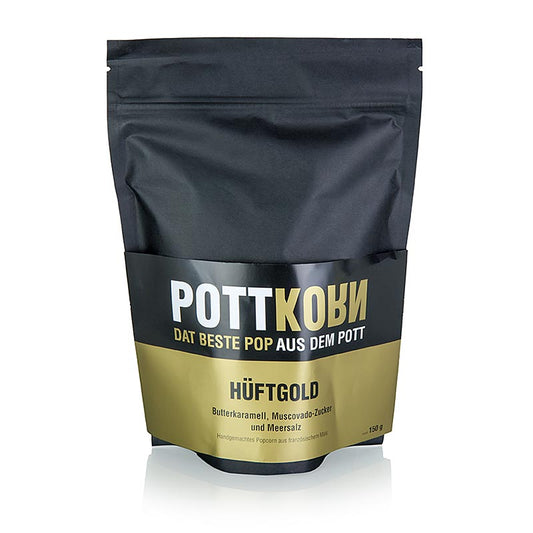 Delicious and indulgent Pottkorn Hüftgold popcorn with buttery caramel, muscovado, and sea salt, 150 g