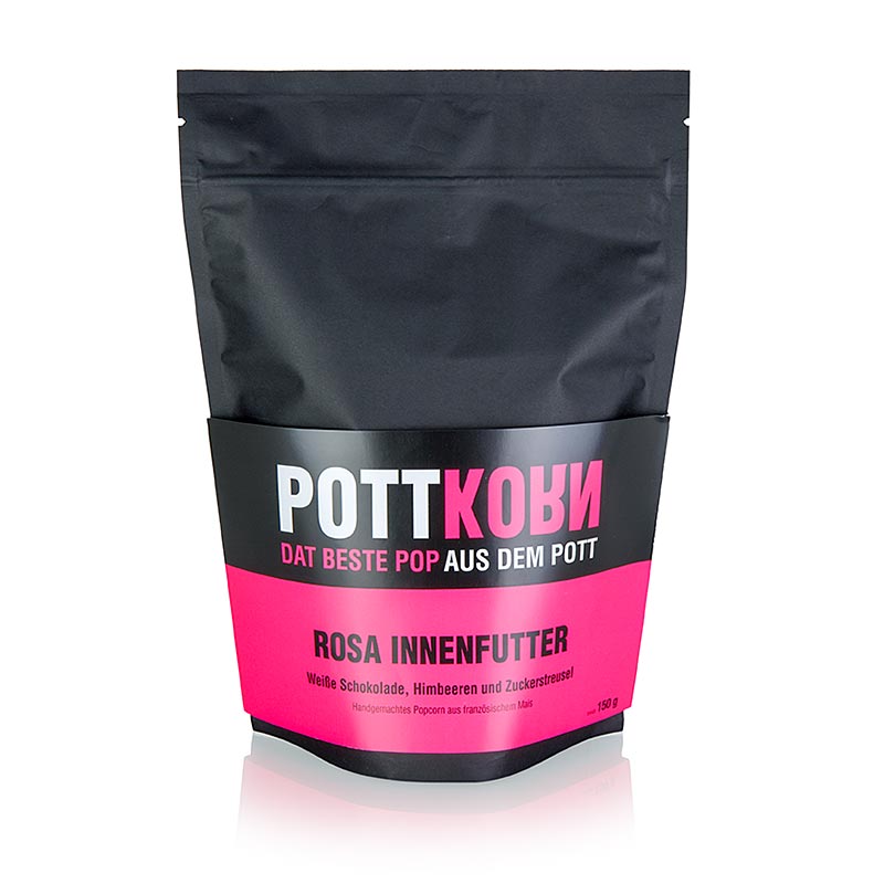 150 g zakje Pottkorn met roze binnenvoering, popcorn met witte chocolade en frambozensmaak