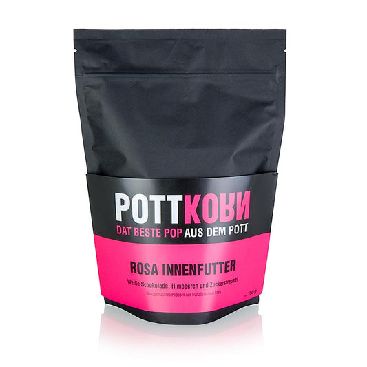 150 g zakje Pottkorn met roze binnenvoering, popcorn met witte chocolade en frambozensmaak