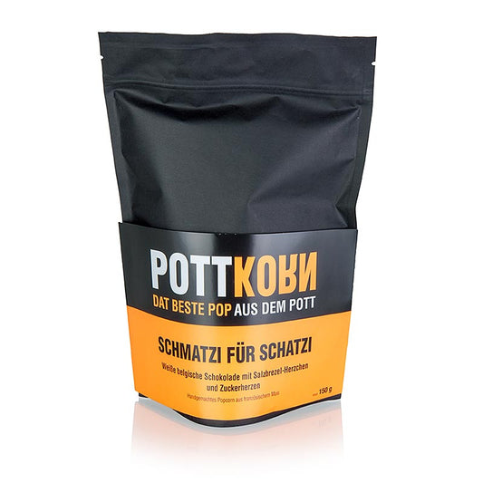 Delicious Pottkorn Schmatzi voor Schatzi popcorn with white chocolate and pretzel, 150g, perfect sweet and salty snack option