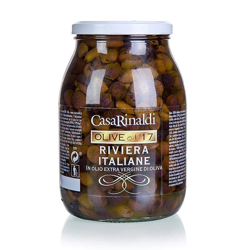Large jar of Casa Rinaldi Zwarte olijven zonder pit (Snocciolate) in olijfolie, 900 g, perfect for Mediterranean dishes and snacking