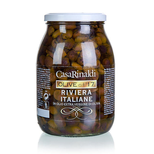 Large jar of Casa Rinaldi Zwarte olijven zonder pit (Snocciolate) in olijfolie, 900 g, perfect for Mediterranean dishes and snacking