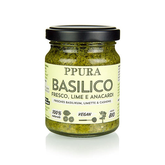 Organic 120g Ppura Pesto Basilico with lime and cashew nuts, a vegan-friendly option