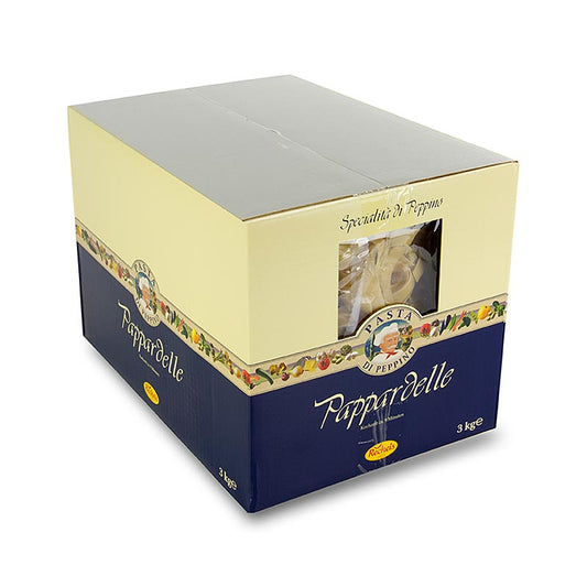Freshly cooked Pappardelle pasta with a rich and creamy alfredo sauce, served in a white plate