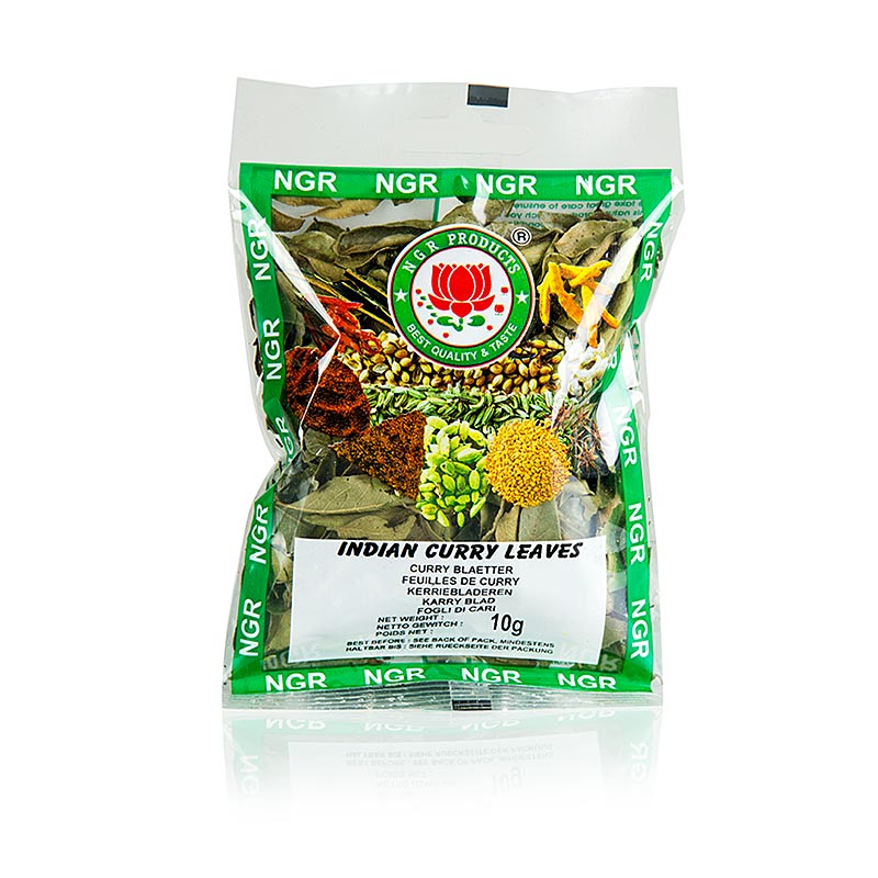 Dried Kerrieblaadjes, 10g package from NGR, ideal for enhancing Indian dishes