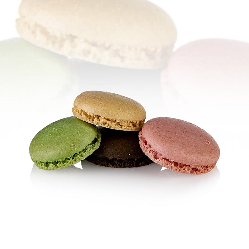 Macarons mix 1 (elk 96 x pistache, chocolade, naturel, framboos), ca. Ø 3,5 cm, 921 g, 384 stuks