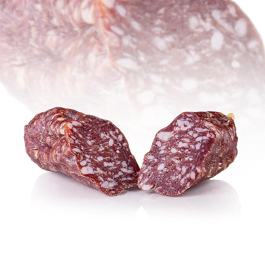 Truffelsalami, a gourmet Italian sausage with summer truffles, made by Franchi Salumi, weighing approximately 200 grams, and measuring around 11cm in diameter and 45cm in height