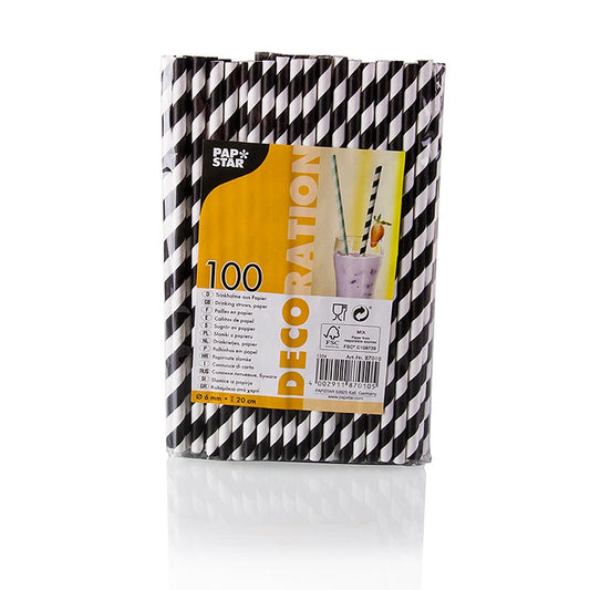Pack of 100 black and white striped paper disposable straws, each 20cm long, for eco-friendly drinking solutions