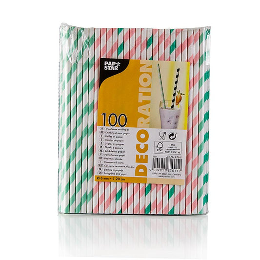 Wegwerp papieren rietjes in vier kleuren met strepen, elk 20cm lang, verpakt in een set van 100 stuks