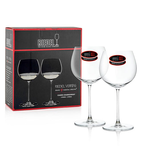 Twee Riedel Veritas glazen, speciaal voor Oaked Chardonnay, in geschenkverpakking