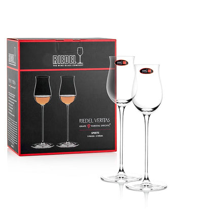 Twee Riedel Veritas glazen voor gedistilleerde dranken, verpakt in een elegante geschenkverpakking