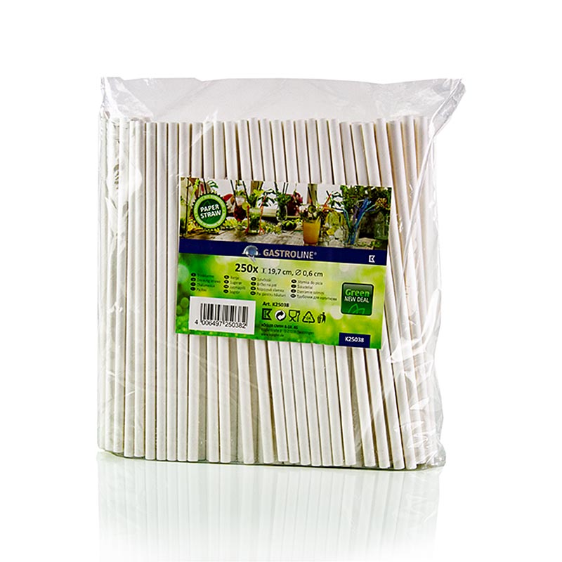 Pak van 250 witte wegwerp papieren rietjes met een diameter van 6mm en een lengte van 19,7cm