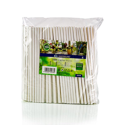 Pak van 250 witte wegwerp papieren rietjes met een diameter van 6mm en een lengte van 19,7cm
