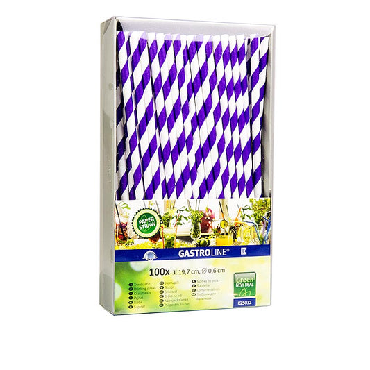 Purple and white striped disposable paper straws, 197cm in length, pack of 100 pieces