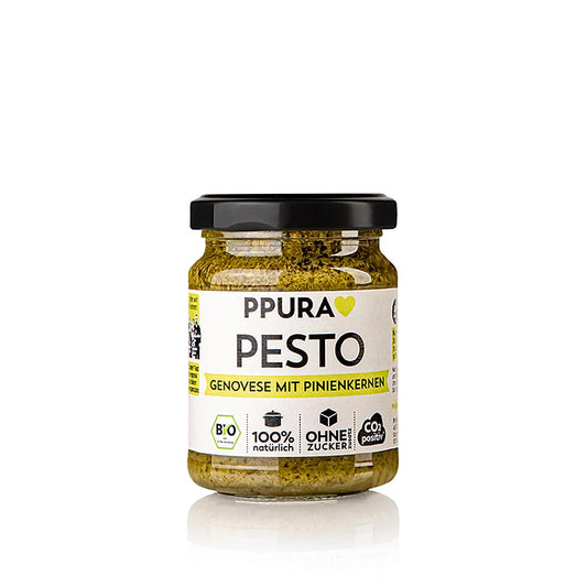 Organic Ppura Pesto alla Genovese with pine nuts, 120 g, ideal for pasta dishes or as a spread