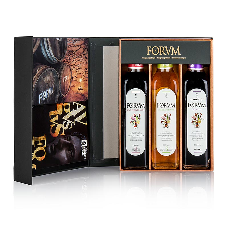 FORVM geschenkset featuring 3 bottles of Cabernet-Sauvignon, Chardonnay, and Merlot, each 750 ml in size, packaged in a luxurious 3 x 250 ml gift set